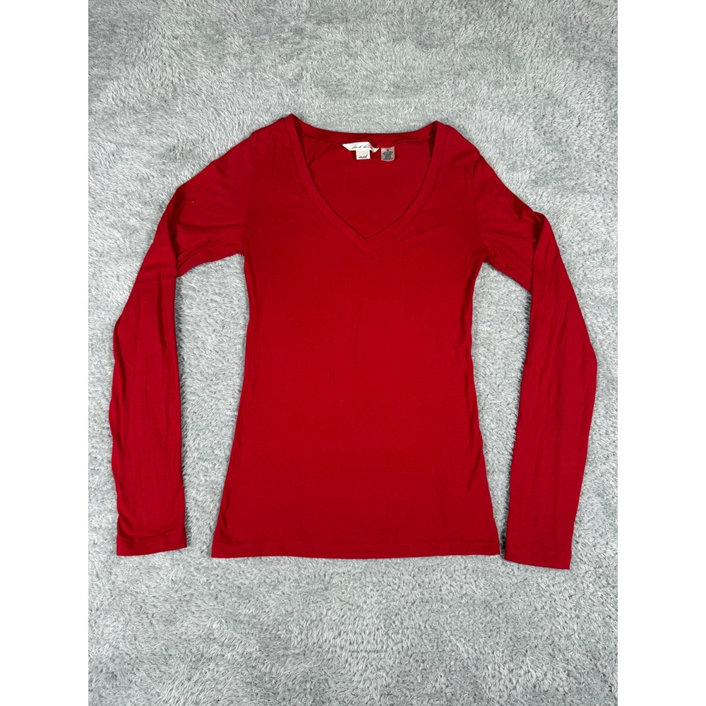 Derek Heart Top Womens Medium Red Cotton-blend V-Neck Long Sleeve Stretch Tee
